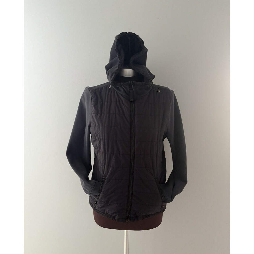 Athleta Cozier Jacket Size Medium Black Puffer Hoodie Insulated PrimaLoft 350839